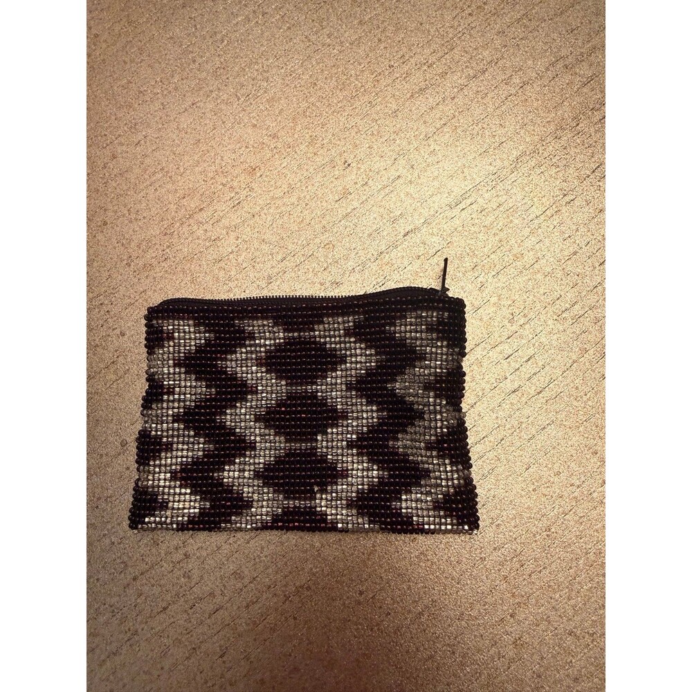 Handmade Beaded Zipper Coin Purse – Dark Red / Silver Chevron Zigzag Pouch